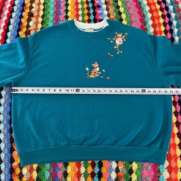 Vintage Y2K Cat Embroidered Patchwork Morning Sun Teal Double Collar Ove… - Picture 5 of 11